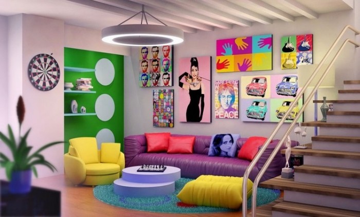 A vibrant living room filled with pop art decor and colorful furniture.