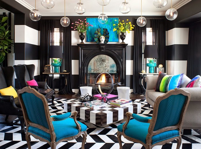 A mixture of pattern and contrasting color makes this interior pop with life
