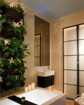minimalistic and elegant bathroom with vertical green wall