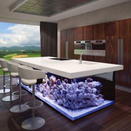 A kitchen with an aquarium centerpiece.