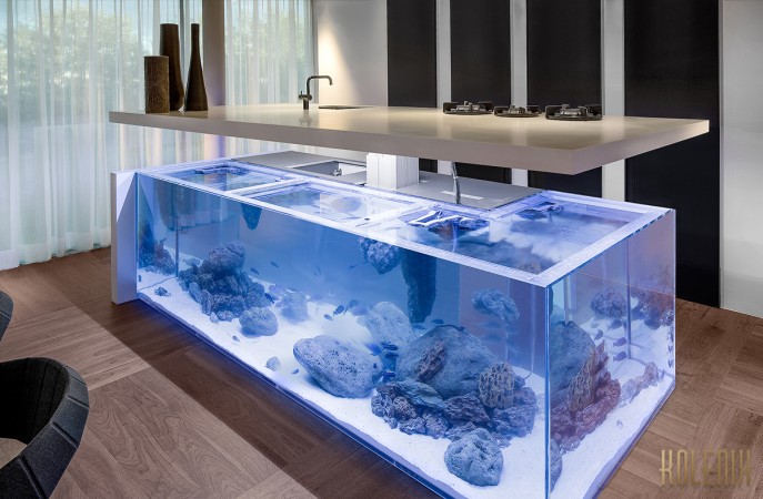 A kitchen island featuring an aquarium.