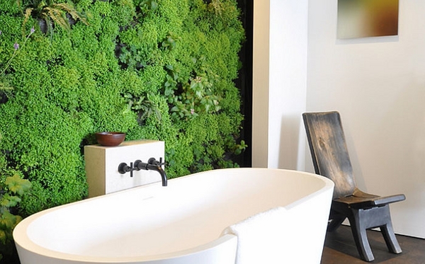 modern bathroom decorated with a vertical green wall