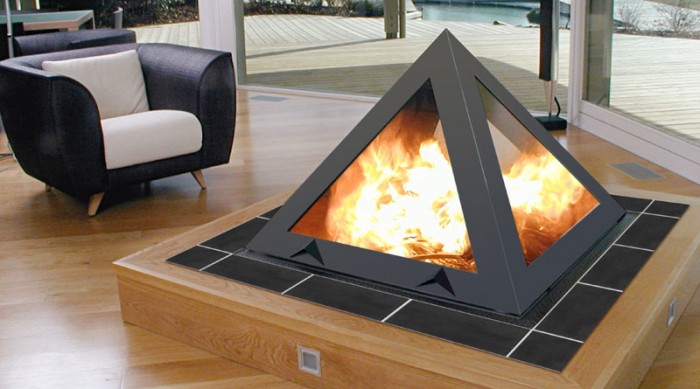 modern fireplace that stands on a podium