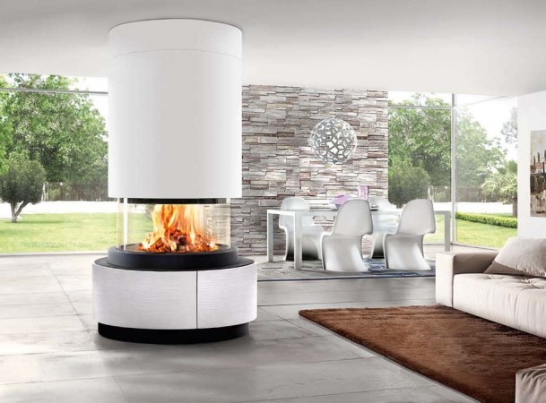 modern open space with a central circular fireplace