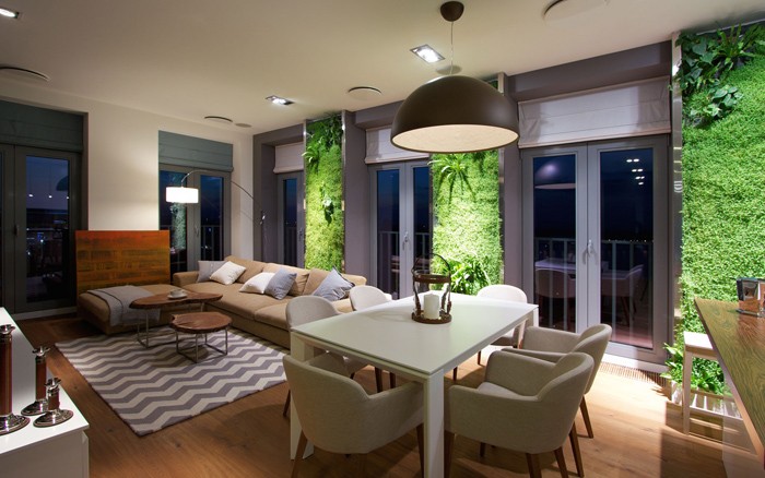 Live green panels enhance this space with natural accents 