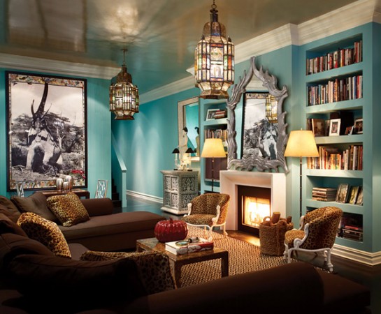 Bright blue walls highlight this room of rich browns