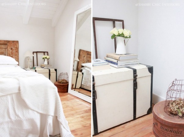 Two pictures of a bedroom with a bed and nightstands.
