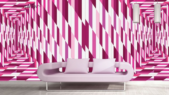 A room with optically mesmerizing pink and white stripes on the wall.