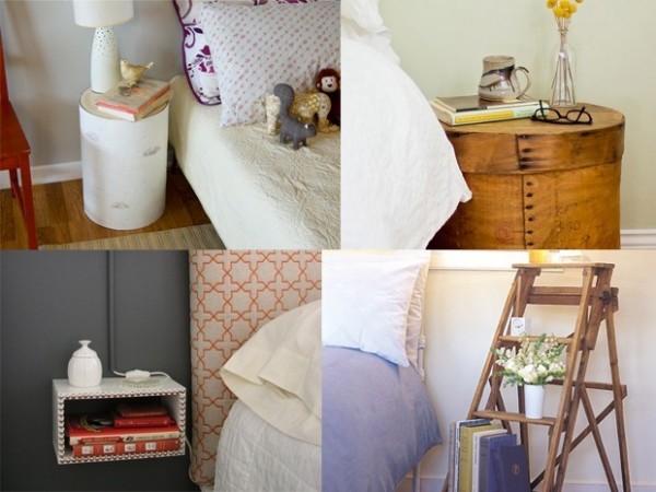 A collage of pictures of nightstands and bookshelves.