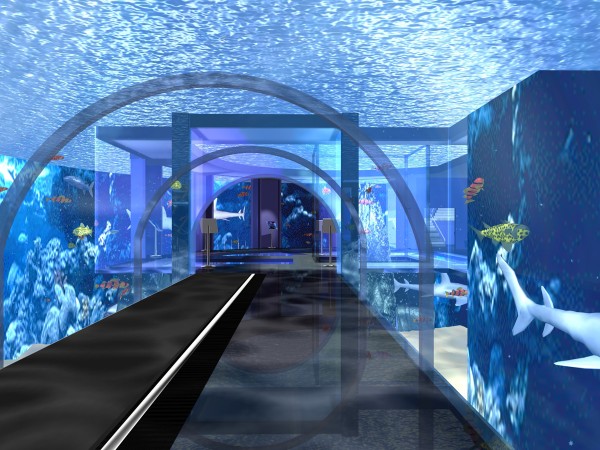 An underwater tunnel showcasing an aquarium.