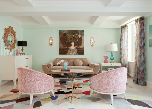 A living room with a pink rug.