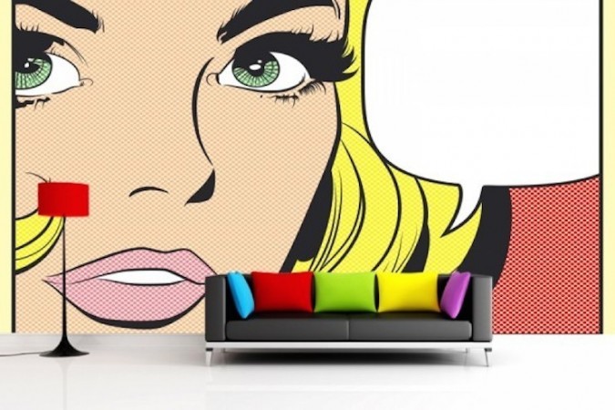 amazing and colorful sofa with a giant pop-art comic panel on the wall