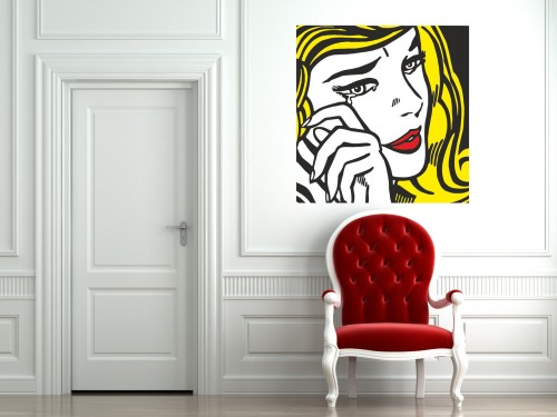 A pop art painting of a woman with a red chair.