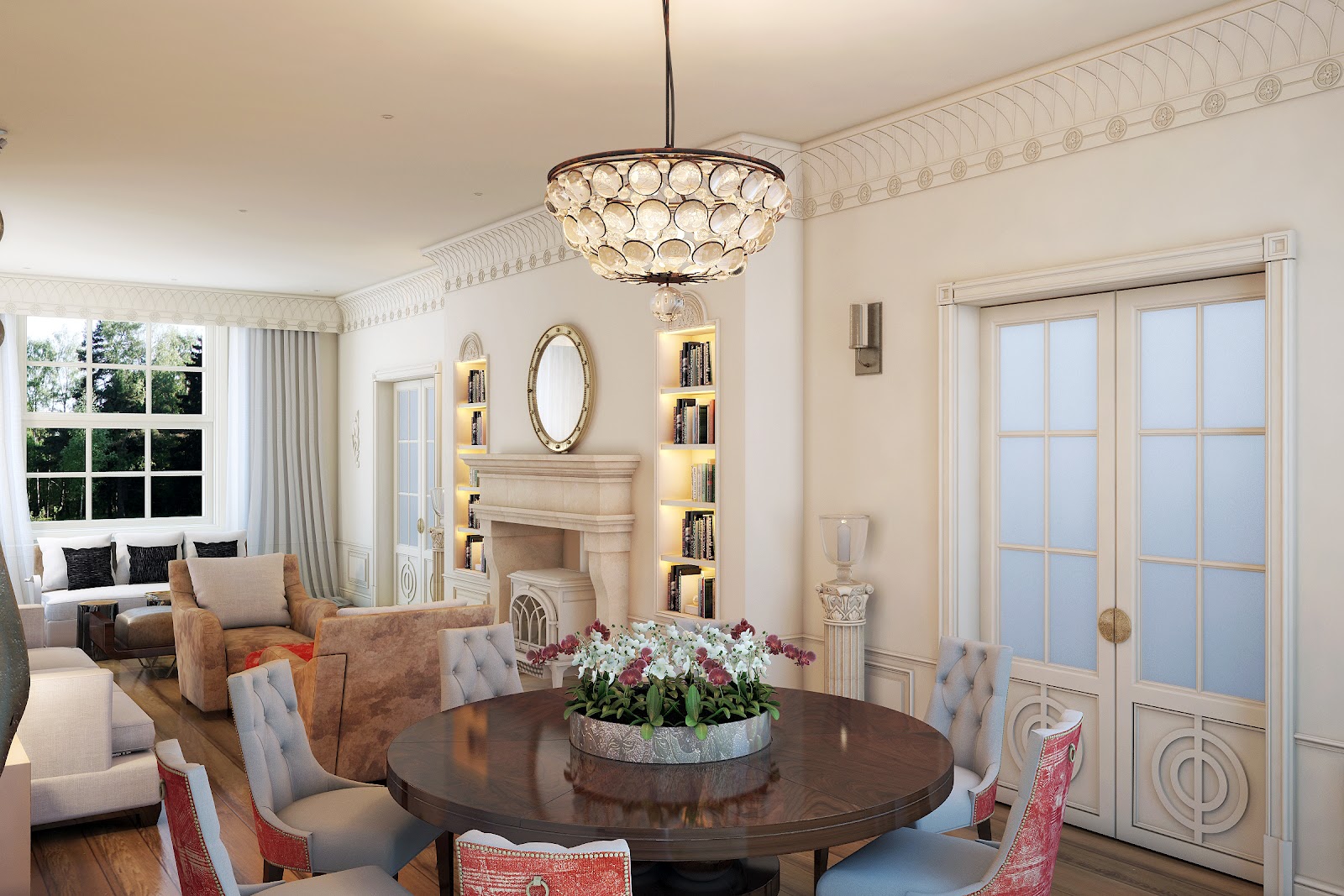 A rendering of a dining room with a chandelier showcasing the depth of white in 2016 interior design.
