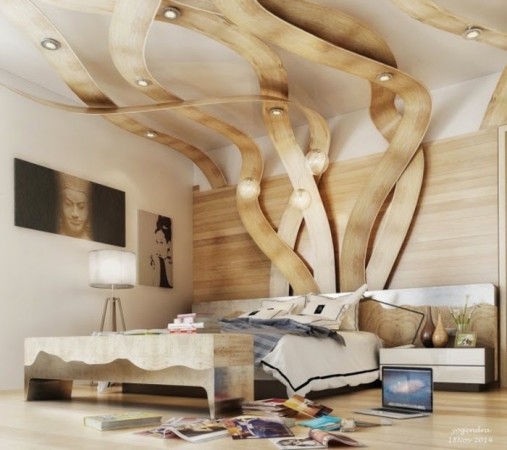 A bedroom with a wooden ceiling and ample light.