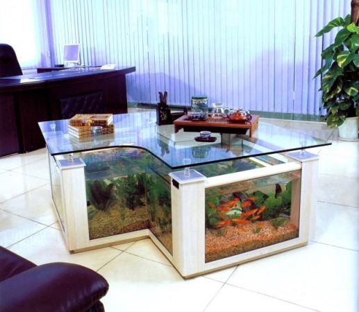 A coffee table with an aquarium feature.
