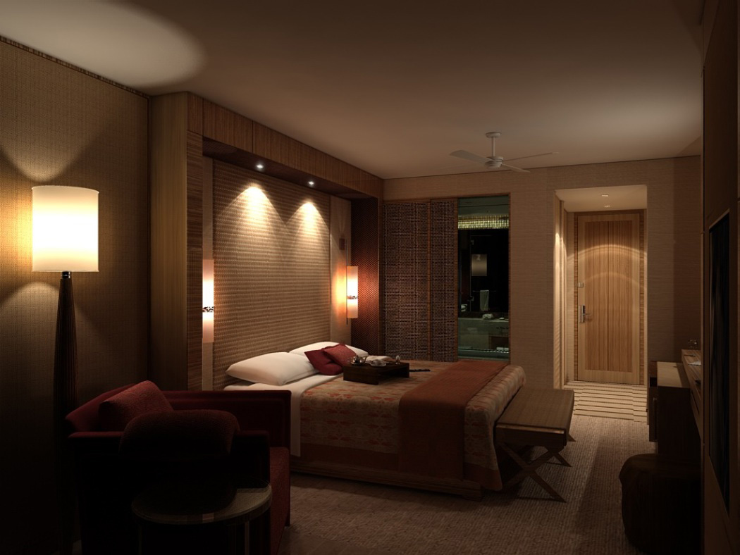 A 3d rendering of a hotel room with atmospheric lighting at night.