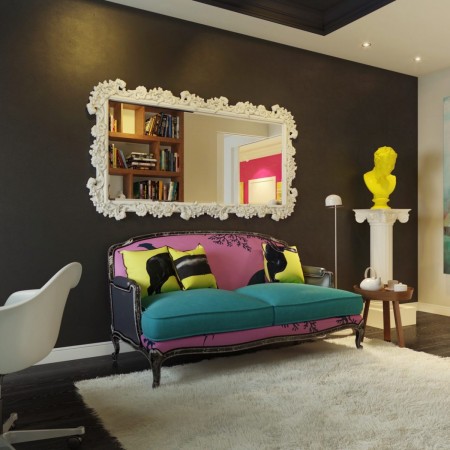 the use of vivid colors, such as yellow, green and purple, mixed with white and black is typical of the pop art decor