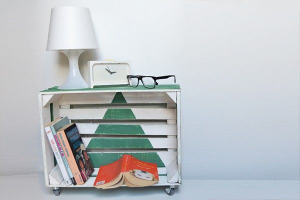 A wooden crate with books and glasses on nightstands.
