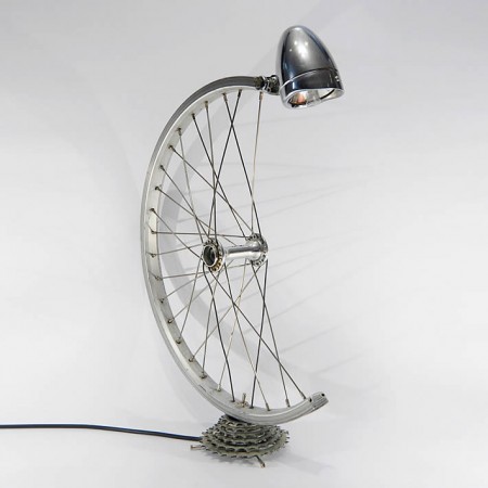 Upcycled bicycle parts made into a table lamp
