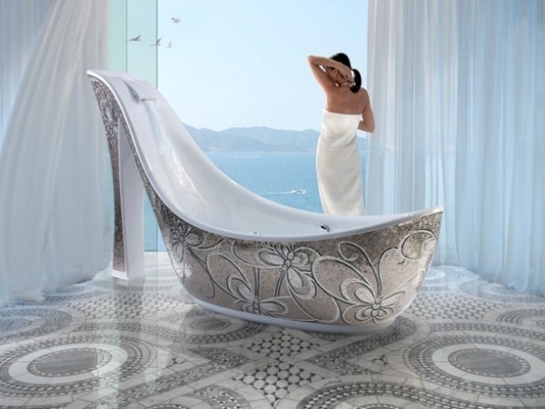 The unique shape of the "Audrey Shoe" bathtub