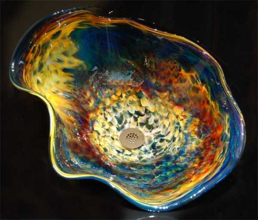 Beautiful colors in this hand-blown glass vessel sink