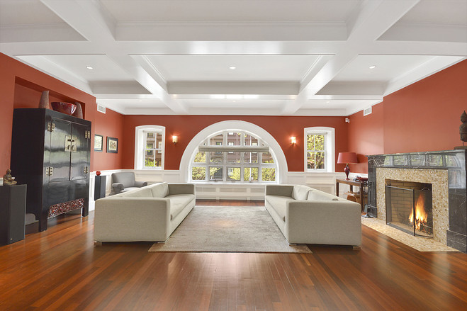 Modern lines of coffered ceiling merge well with this contemporary home