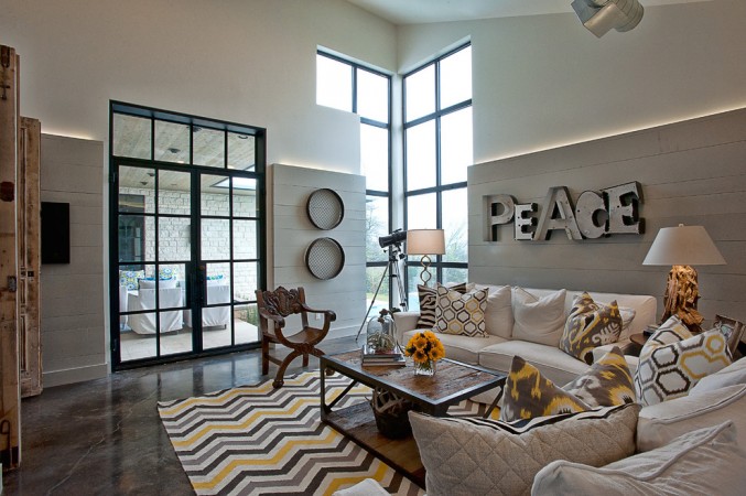 Keywords: Interior Design, Art Form
Modified Description: An artfully designed living room featuring a chevron rug.