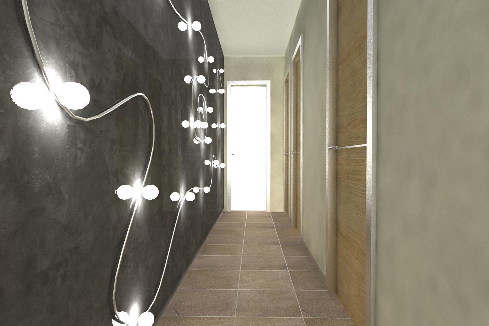 An image of a hallway with bright hanging lights.