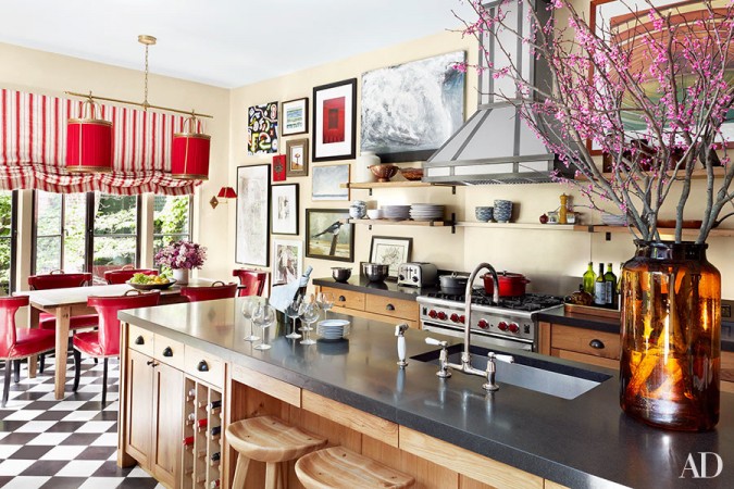 Bursts of red enhance this welcoming kitchen