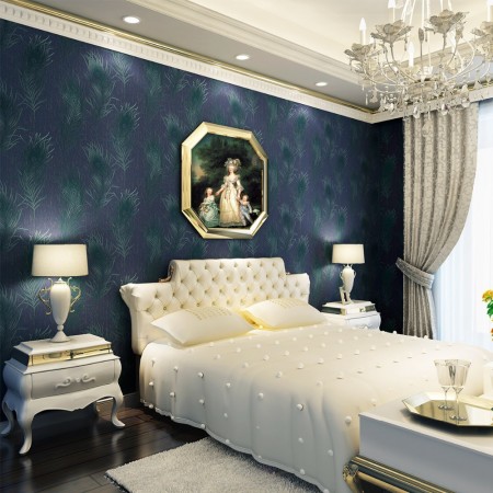 Beautiful saturated hues in peacock wallpaper enhance this bedroom