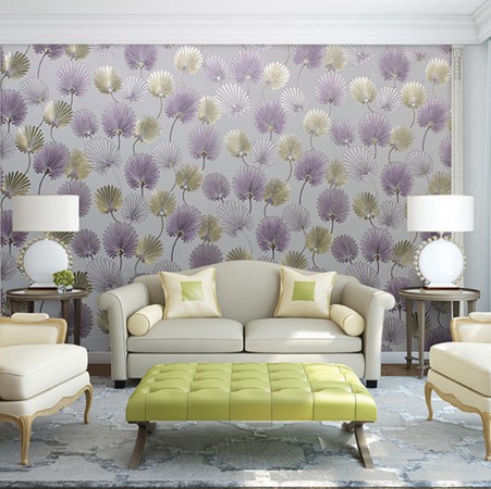 Wallpaper of metallic floral pattern gives this living room a boost