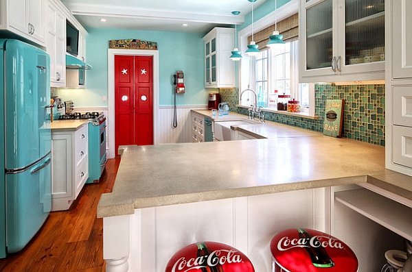 Retro accents and colors give this kitchen a cool vibe 