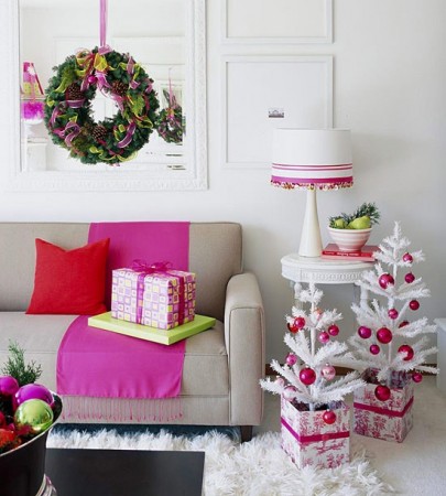 A living room decorated for Christmas with alternative colors and ideas.