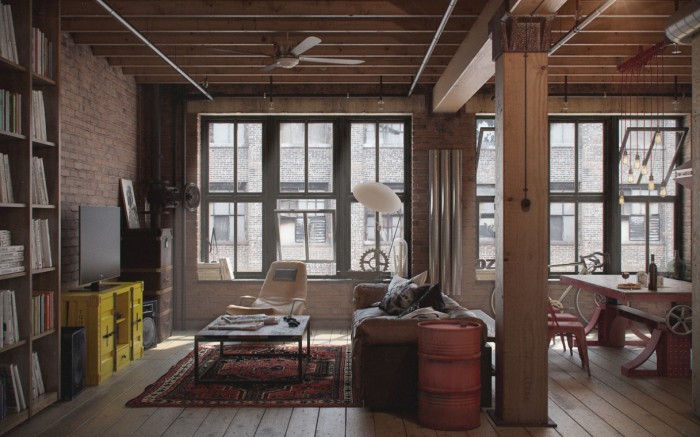 A living room with wooden floors and a large window, reflecting a masculine industrial style.