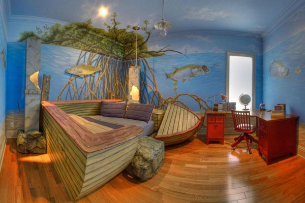 A boat painted on the wall in a kids room.