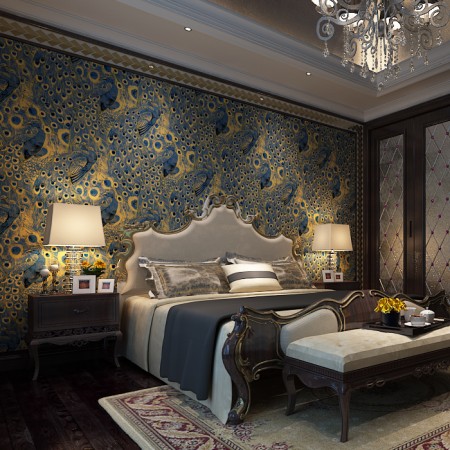 Beautiful bedroom enhanced with peacock wallpaper 
