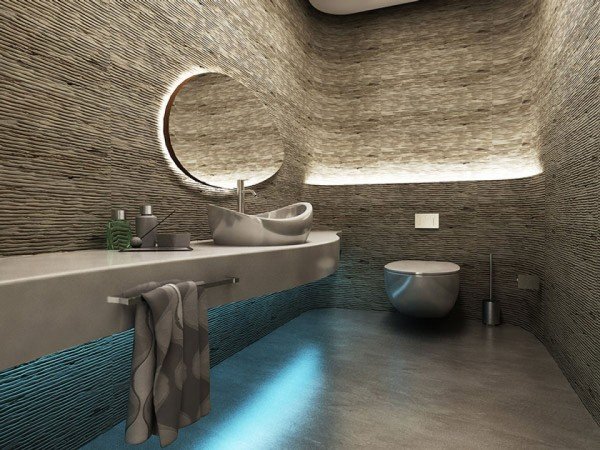 A futuristic bathroom with a toilet and sink.