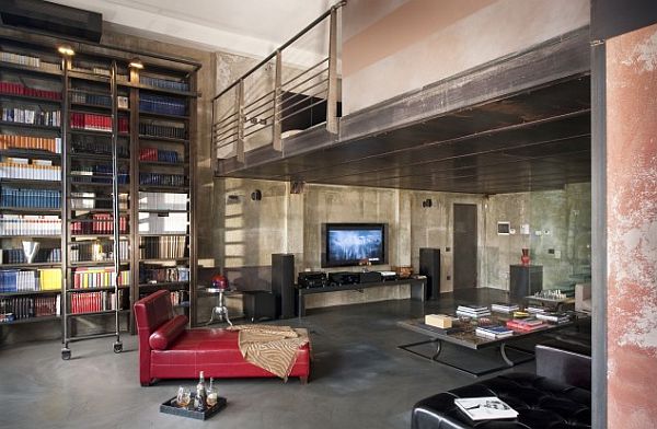 A modern masculine living room with bookshelves and a fireplace, designed in an industrial style.