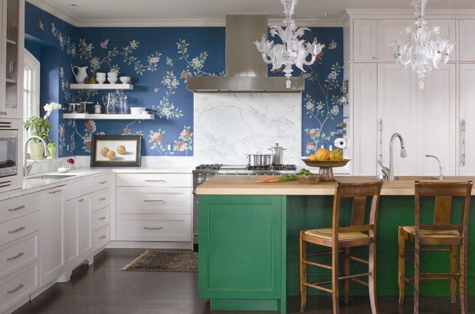 A chandelier and elegant wallpaper are unexpected kitchen enhancements