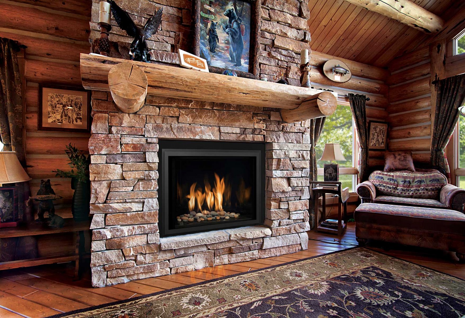 A cozy log cabin with a stylish mantel and a fireplace.