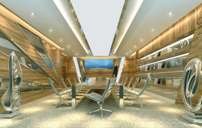 A 3D rendering exploring futuristic interior design in a modern conference room.