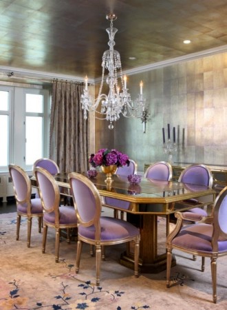 This dining room shimmers beautifully with metallic wallpaper 