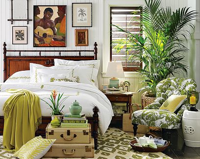 Creating a tropical paradise bedroom with a bed and a bedside table.
