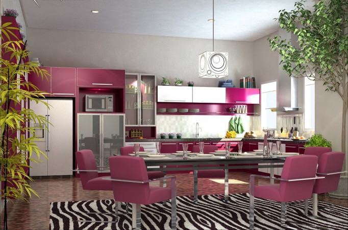 A different color theme for the kitchen is accented with an animal print rug