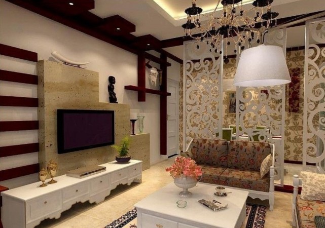 A living room with unique furniture and a stunning chandelier.