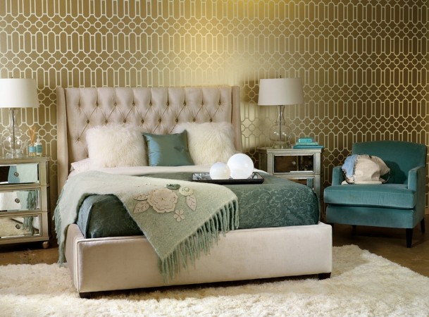 This bedroom shimmers with metallic wallpaper 