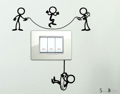 A light switch decorated with wall stickers depicting a group of people.