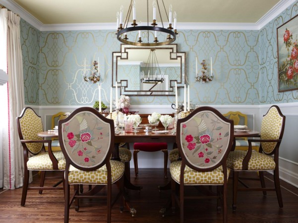 Lovely metallic wallpaper in this traditional dining room