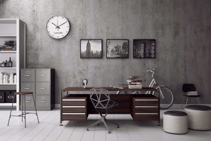 A masculine office with an industrial-style clock on the wall.